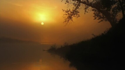 Wall Mural - landscape with sunrise cky over river at summer, timelapse