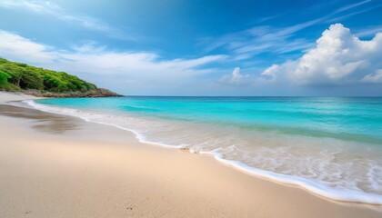 Wall Mural - Beautiful sandy beach with white sand and rolling calm wave of turquoise ocean on Sunny day