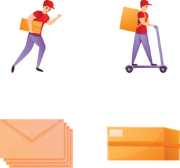 Poster - Courier delivery icons set cartoon vector. Male courier with envelope and parcel. Delivery concept