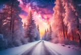 Fototapeta  - Paesaggio Stellato nella Neve- L'Incantevole Incontro tra Alba e Via Lattea