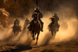 Wild West pursuit, galloping horses kicking up dust, outlaw escaping through a sunlit canyon, determined posse in pursuit, dramatic chase scene.