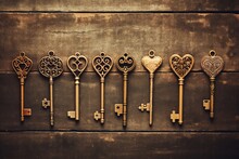 Vintage Key Collection Forming A Heart On A Rustic Brown Background. Background.