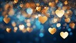 Blue and golden background of glittering bokeh and shapes of hearts