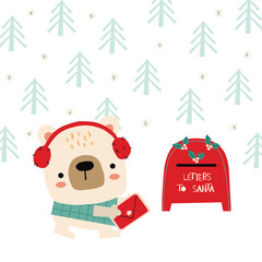 Wall Mural - Cute polar bear in headphones carries a letter for Santa. Cartoon Christmas characters. Vector kids illustration.