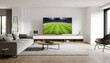 © Antonio Giordano - A football field in a living room with a television screen on the wall where a football match is broadcast.