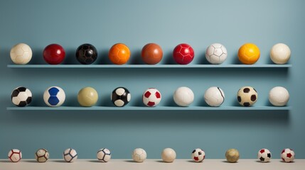 Wall Mural -  a row of shelves filled with lots of different types of soccer balls on top of each other in front of a blue wall behind a row of soccer balls on a shelf.