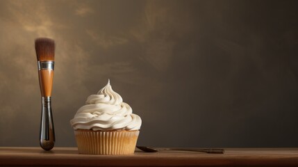 Sticker -  a cupcake sitting on a table next to a brush and a paintbrush on top of a wooden table with a brown wall behind the cupcake and a brown background.