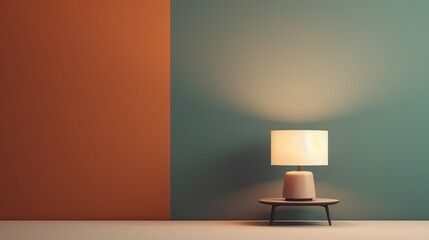 Sticker -  a white lamp sitting on top of a wooden table next to a blue and orange wall with a white lamp on top of a wooden table next to a white lamp.