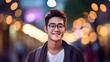 Handsome asian guy bokeh colorful city background