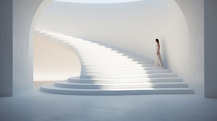 Wall Mural -  a woman in a white dress is standing on a set of stairs in a white room with white walls and a skylight in the middle of the room above her.