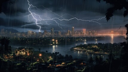 Poster -  a view of a city at night with a lot of lights in the sky and a lot of water in the foreground and a lot of lights in the background.