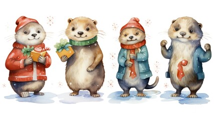 Canvas Print -  a group of three otters standing next to each other wearing hats and scarves and holding presents in front of a white background with snowflakes on the ground.