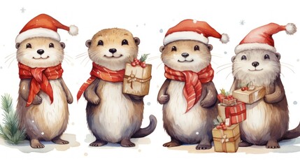 Sticker -  a group of three otters wearing christmas hats and scarfs with presents in front of a white background with snowflakes and snowflakes on the ground.