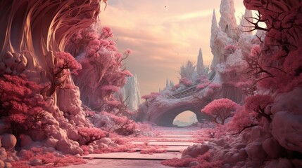 Canvas Print -  a digital painting of a fantasy landscape with pink trees and bushes and a bridge over a stream of water with a bridge in the middle of the picture and a pink sky.