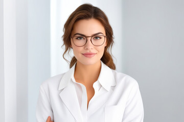 Wall Mural - Woman wearing glasses and white shirt is posing for picture.