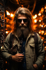 Sticker - Man with long beard and sunglasses standing in front of wall of lights.