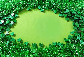 Sticker - illustration with green clover leaves, space for own design. St Patricks Day Card Design/Web Banner/Logo