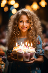 Sticker - Woman holding cupcake with lit candles on it.