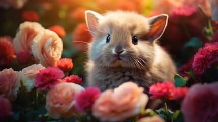 Poster -  a close up of a cat in a field of flowers with pink and red flowers in the foreground and a green eyed cat in the middle of the photo.