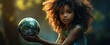 Afrykańska dziewczynka trzymająca kulę w kształcie globu planety ziemi.   