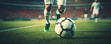 Fototapeta Sport - A close up professional footballers foot with football ball.