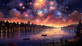 Fototapeta Miasto - duże miasto nocą sylwestrową rozbłyski na niebie petardy fajerwerki