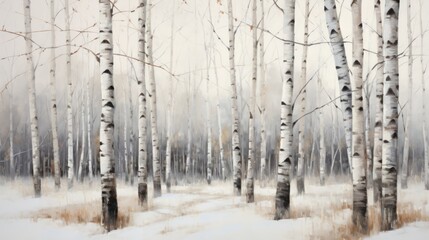  a painting of a snow covered forest with trees in the foreground and snow on the ground in the foreground, and a path through the trees in the foreground.