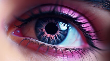 Poster -  a close up of a person's eye with a pink and blue iris in the center of the iris and a black circle in the center of the iris of the iris of the eye.