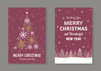 Wall Mural - Christmas cards with golden tree and snowflake. Set. Vector illustration