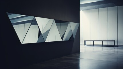 Wall Mural -  a black and white photo of a room with a mirror on the wall and a bench in the middle of the room and a bench in the middle of the room.