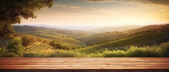 empty wooden table with a sunrise over the Tuscan vineyard