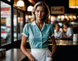 photo of beautiful woman as a waitress standing in retro dining restaurant, generative AI