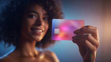 Purchase, Money And Payment Concept, Close-up Of Bank Credit Or Debit Card In Smiling Woman's Hand