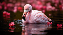 Generative AI Image Of A Majestic Flamingo In A Floral Pond