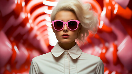 Sticker - Woman with blonde hair and pink sunglasses on red background.