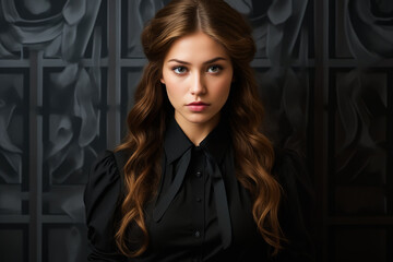 Canvas Print - Woman with long hair wearing black shirt and black tie.