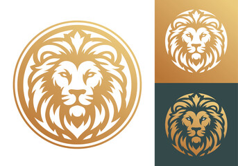 Wall Mural - Lion face front view vector art image business company logo template, brand identity logotype on white and dark backgrounds.