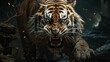 A shot of a tiger in the jungle, massive claws and paws, waterfall background