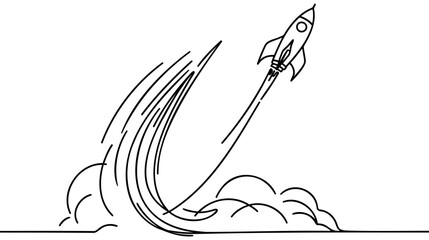 Poster - One continuous line drawing of simple retro spacecraft flying up to the outer space nebula.