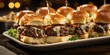 A platter of gourmet sliders with mini beef patties, melted cheese, and caramelized onions - Bite-sized indulgence - Warm, golden lighting for a sophisticated look - Side angle shot, 