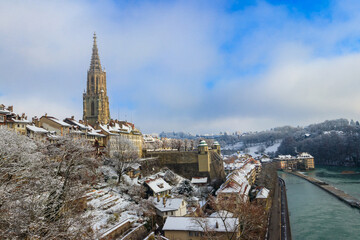 Poster - View of the Aare river and old town of Bern at winter in Switzerland