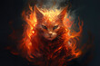 Illustration of infuriated burning cat with fire flames on dark background