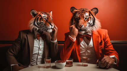 a portrait of two tiger men brainstorm, while drinking at a restaurant table