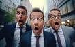 Funny portrait of businessmen looking at camera keeping mouth open
