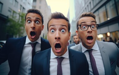 Funny portrait of businessmen looking at camera keeping mouth open