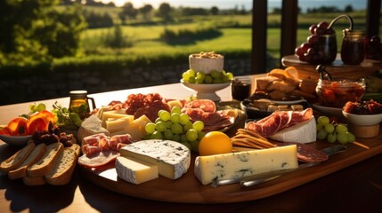  a platter of cheeses, meats, and fruit sits on a table in front of a view of a green field and a golf course in the distance.