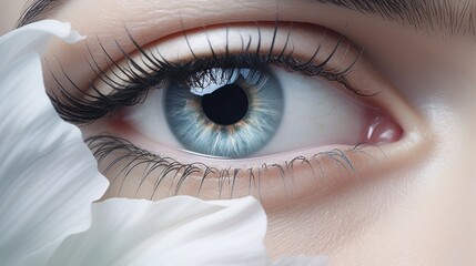 Poster -  a close up of a person's eye with a flower in the foreground and a flower in the middle of the eye with a white flower in the foreground.