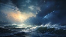  a painting of a storm in the sky over a body of water with a boat in the middle of the water and the sun shining through the clouds above the water.