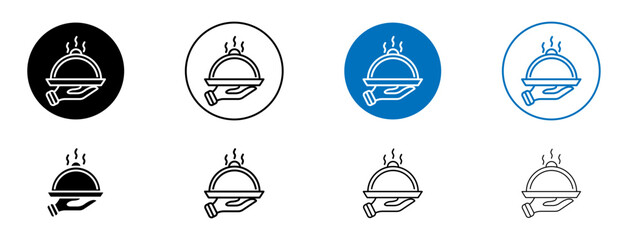 Tray of food line vector illustration set. Waiter serve dinner tray restaurant serving cover plate in black and blue color.