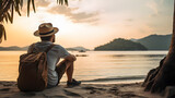 Fototapeta  - Modern traveler with straw hat & backpack sitting on a tropical beach contemplating the calm sea & the small islands at sunset.